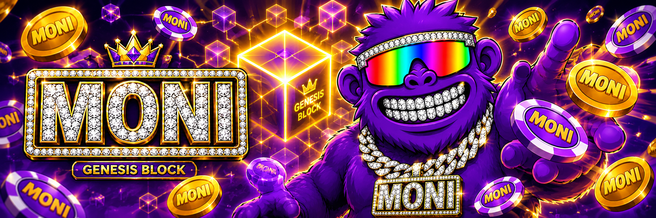 Genesis BLOCK banner with MONI mascot and tokens