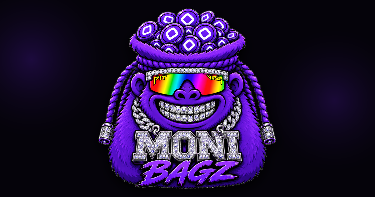 MONIBAGZ mascot carrying MONI tokens